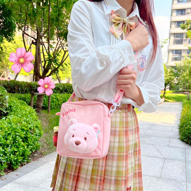 Disney Sakura Series Pooh Bear Cartoon Plush Toy Cute Pink Maiden Heart Canvas Bag Messenger Bag - Winnie The Pooh Plush