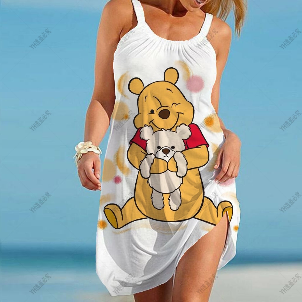 Disney Winnie the Pooh Print Long Dress Women Spaghetti Strap Vintage Boho Summer Oversize Beach Maxi 3 - Winnie The Pooh Plush