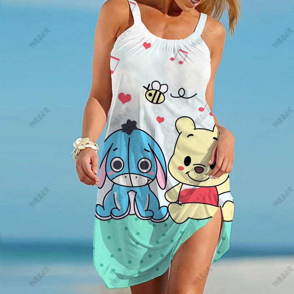 Disney Winnie the Pooh Print Long Dress Women Spaghetti Strap Vintage Boho Summer Oversize Beach Maxi 5 - Winnie The Pooh Plush
