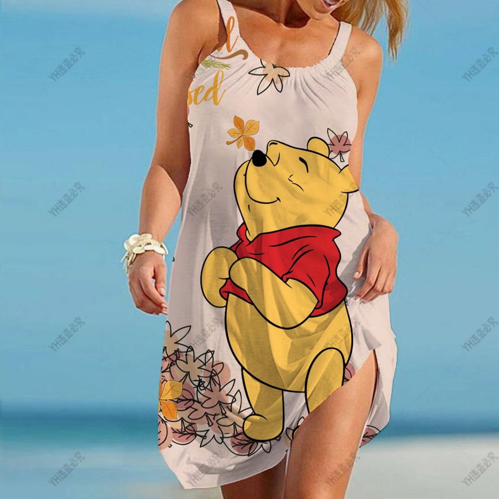 Disney Winnie the Pooh Print Long Dress Women Spaghetti Strap Vintage Boho Summer Oversize Beach - Winnie The Pooh Plush